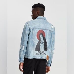 One Teaspoon Distressed Denim Jacket Pray For Rock Oversize Mens Size XS